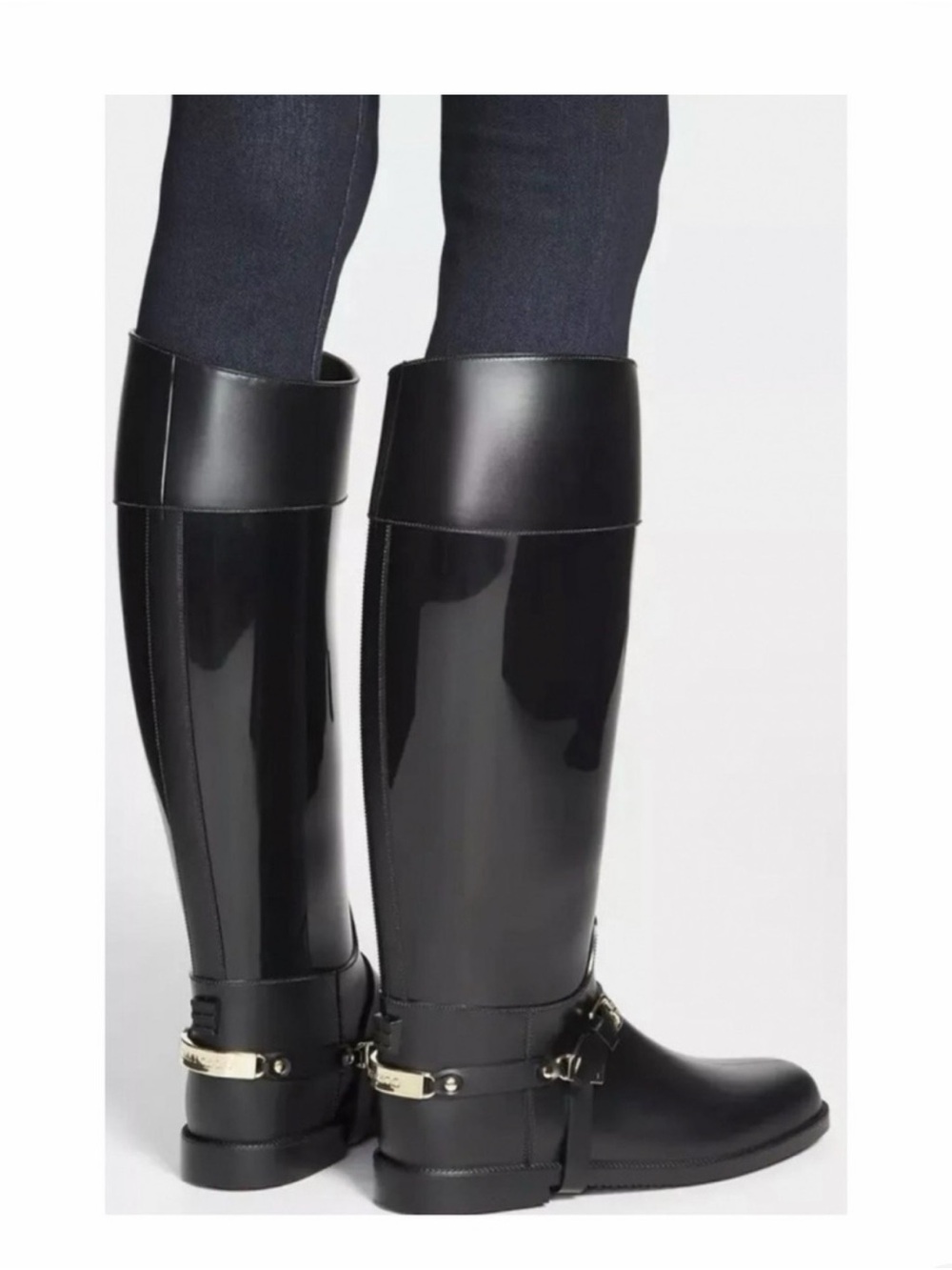 ✨Like New!✨Jimmy Choo Glossy Black Tall Rain Boots with Gold Harness